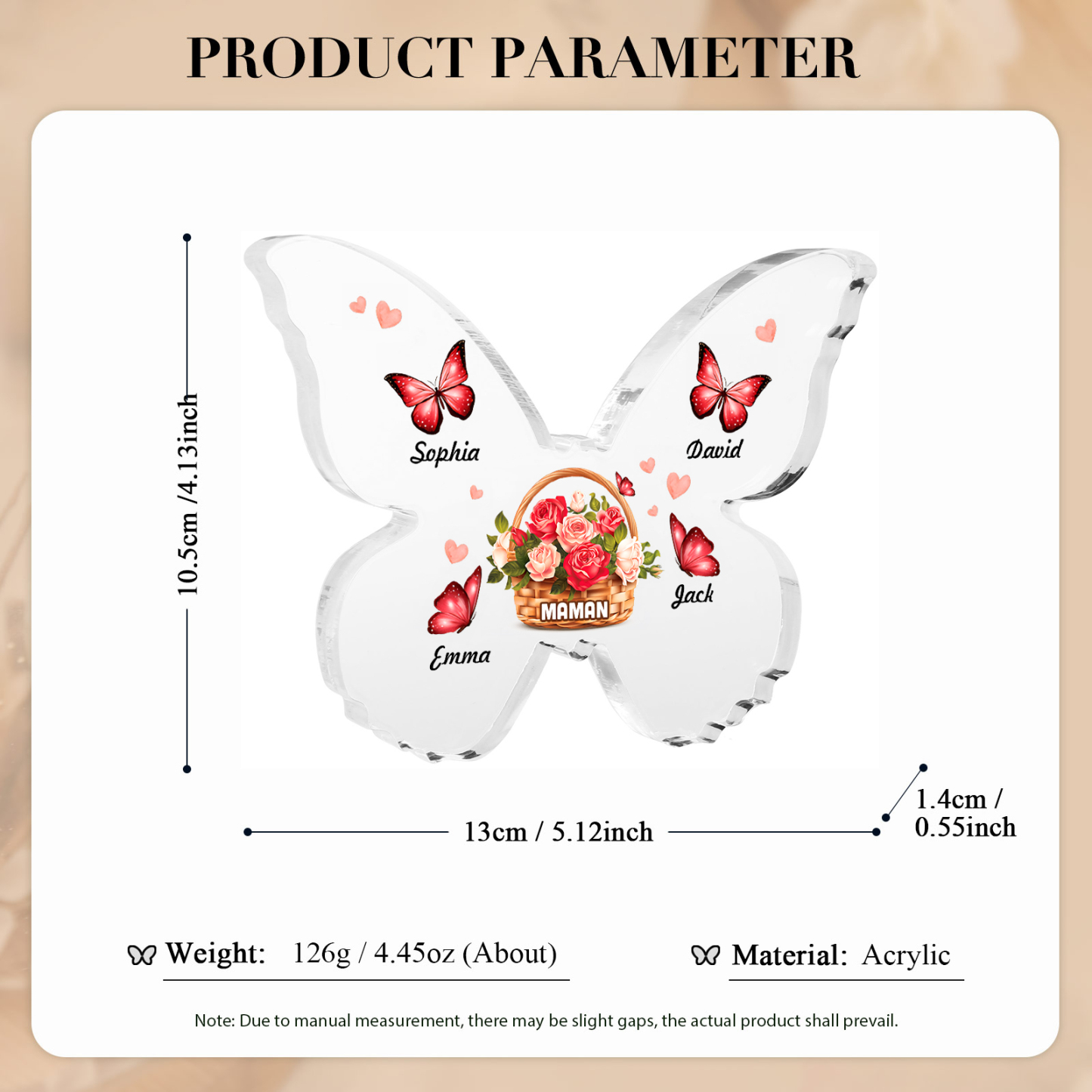 À Maman/Mamie - Plaque Acrylique en forme de Papillon 4 Prénoms et 1 Texte Personnalisés Decoration Fleurs et Papillons