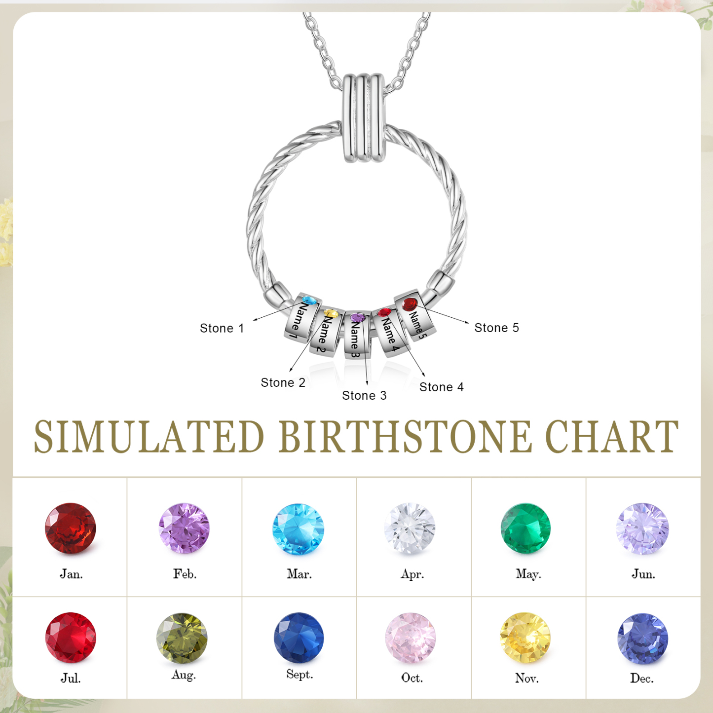 Collier Pendentif 5 Prénoms et Perles Personnalisés avec Pierres de Naissance Collier Femmes