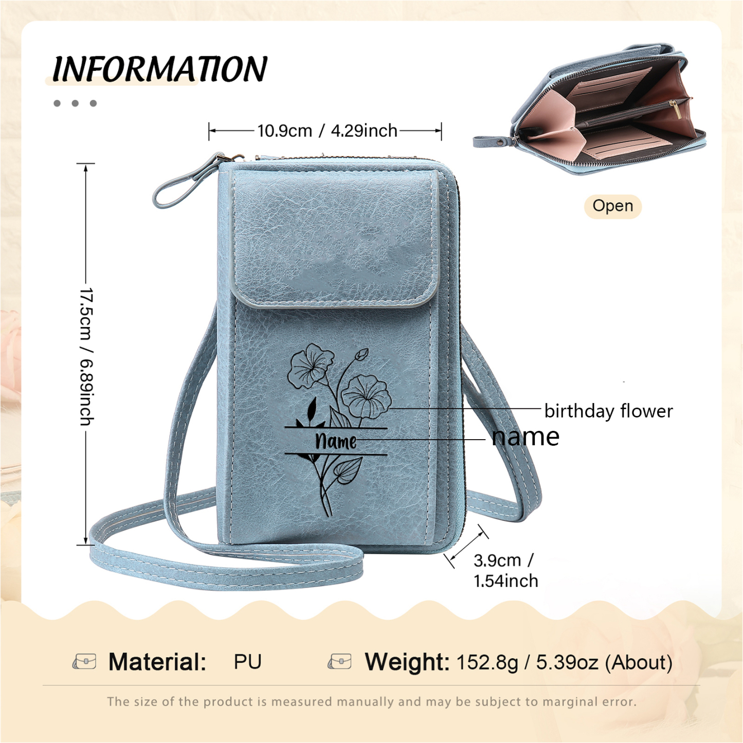 Portefeuille/Sac Bandoulière Femmes 1 Prénom et Fleur de Naissance Personnalisés