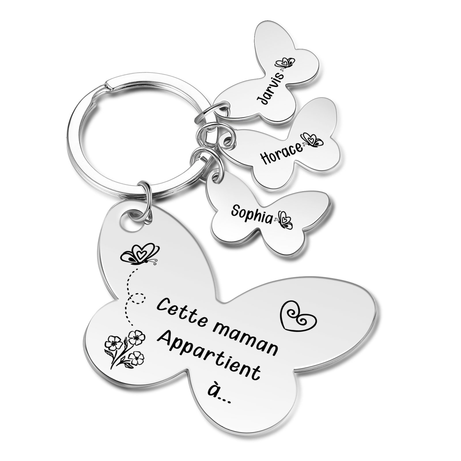À Maman/Mamie - Porte-Clés Papillon 3 Prénoms Personnalisés avec Texte 