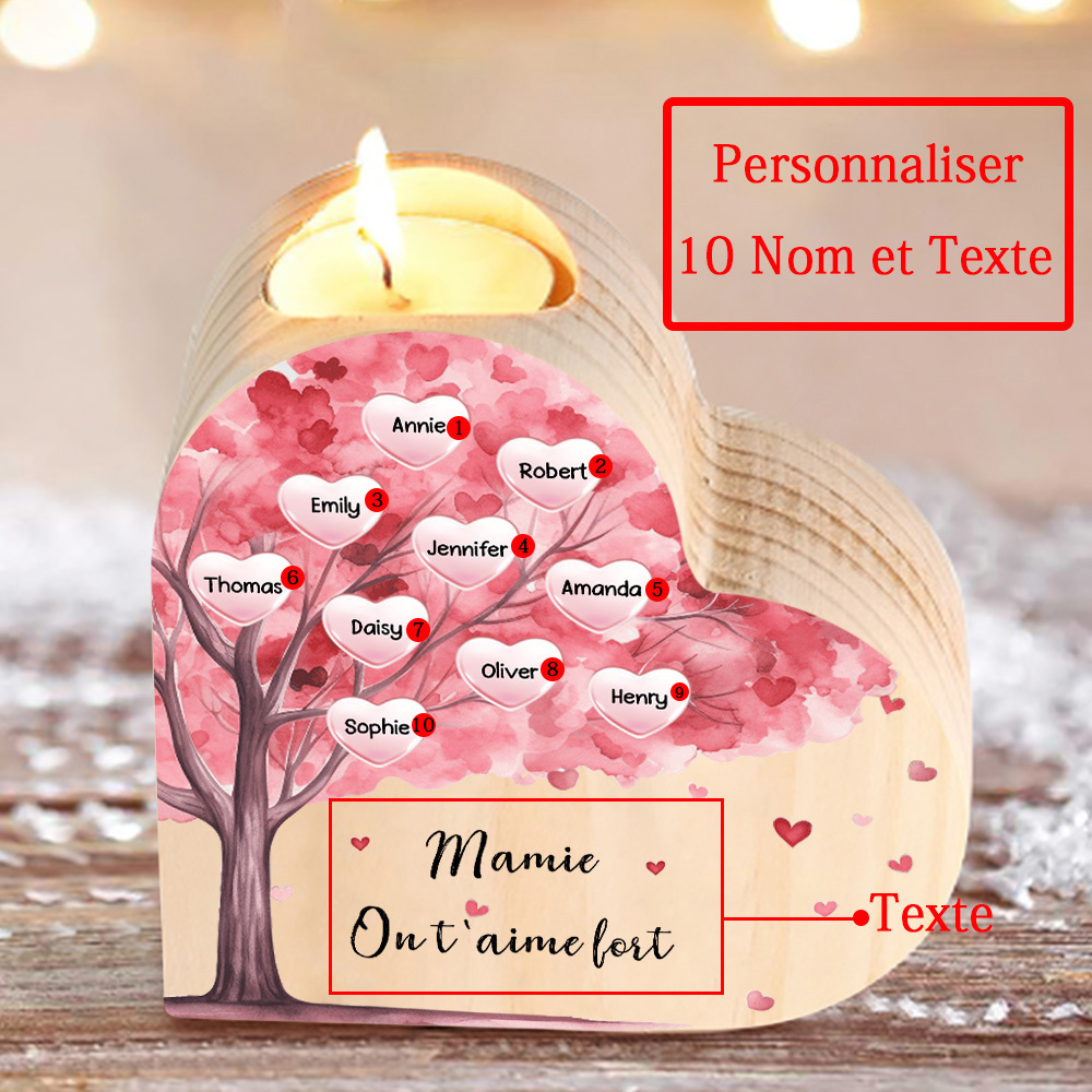 À Ma Maman/Mamie - Bougeoir en Bois Arbre 10 Prénoms et 1 Texte Personnalisés pour Famille sans bougie