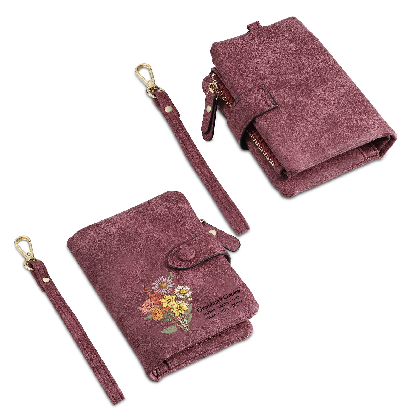 Portefeuille Fleur de naissance 1-6 Prénoms Personnalisés Porte-Monnaie Carte pour Femmes