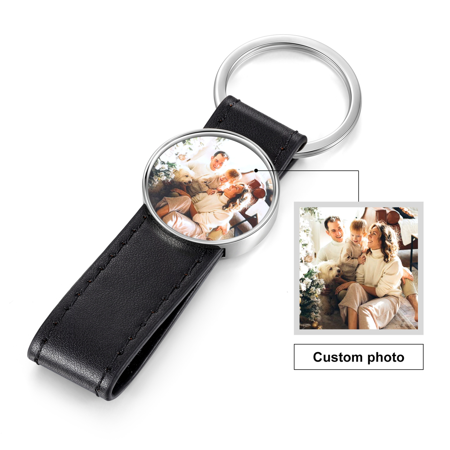 Porte-Clés Cuir PU Rond Photo Personnalisée Porte-Clés Homme