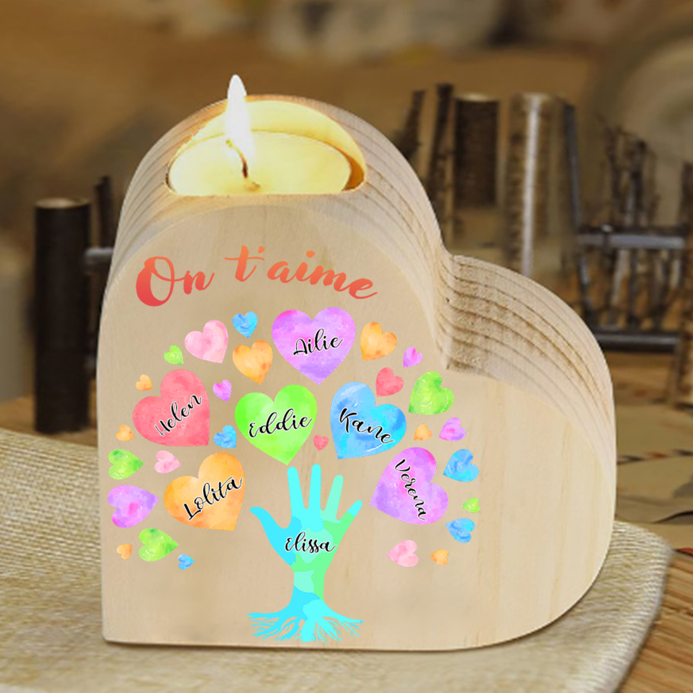 Bougeoir en Bois 7 Prénoms Personnalisés avec Texte sans bougie pour Famille