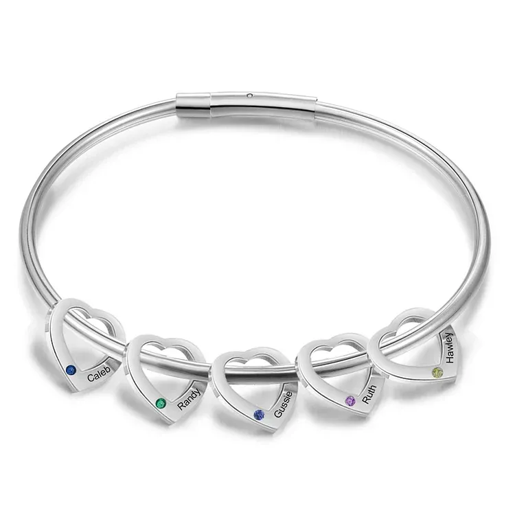 Bracelet Jonc Bracelet Coeur 5 Prénoms Personnalisés avec 5 Pierres de Naissance Argent Or | Jessemade