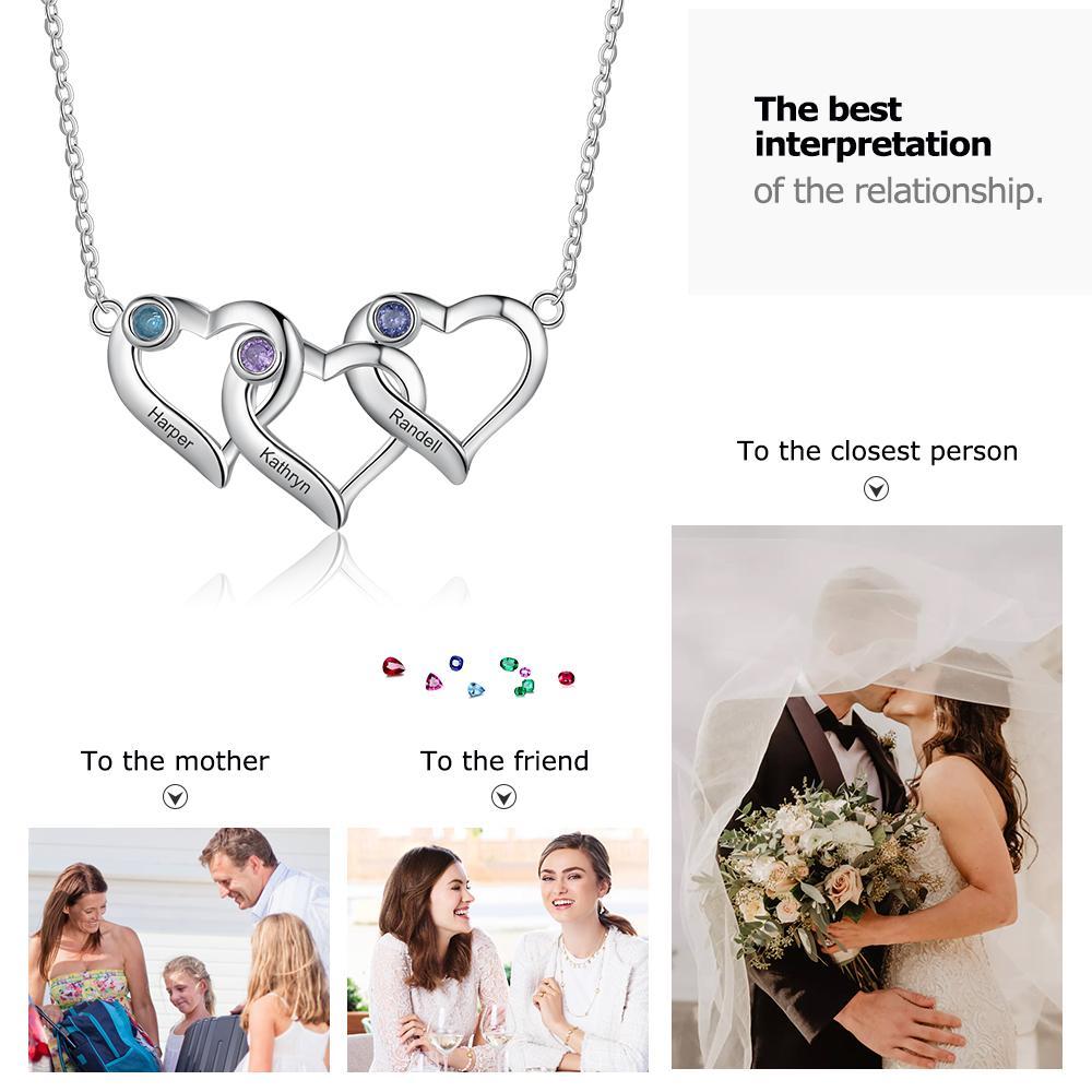 Collier Cœur 3 Prénoms Personnalisés Pendentif avec 3 Pierre de Naissance