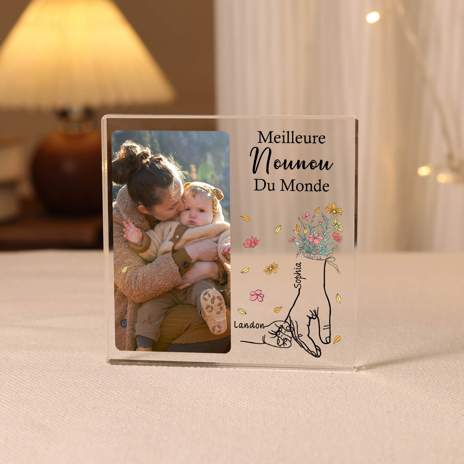 À ma Nounou - Plaque Acrylique Carrée la Main dans la Main 2 Prénoms Personnalisés avec Photo