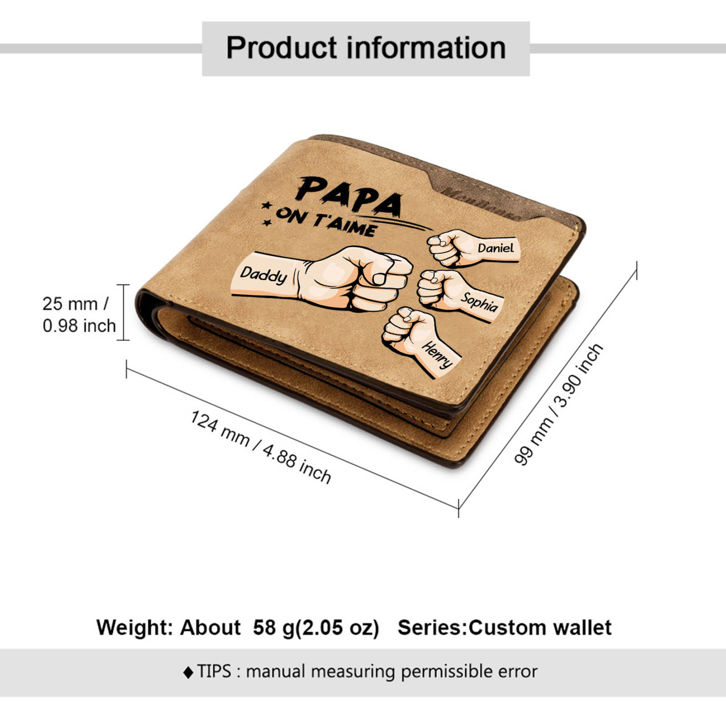 À mon Papa-Portefeuille Poings 4 Prénoms Personnalisés Classique Homme