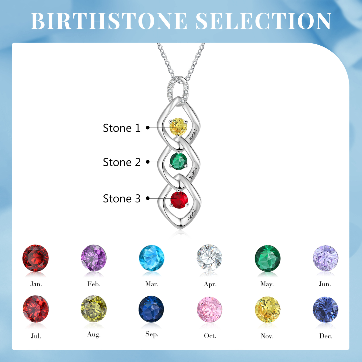 Collier Pendentif 3 Prénoms Personnalisés avec Pierre de naissance pour Femmes