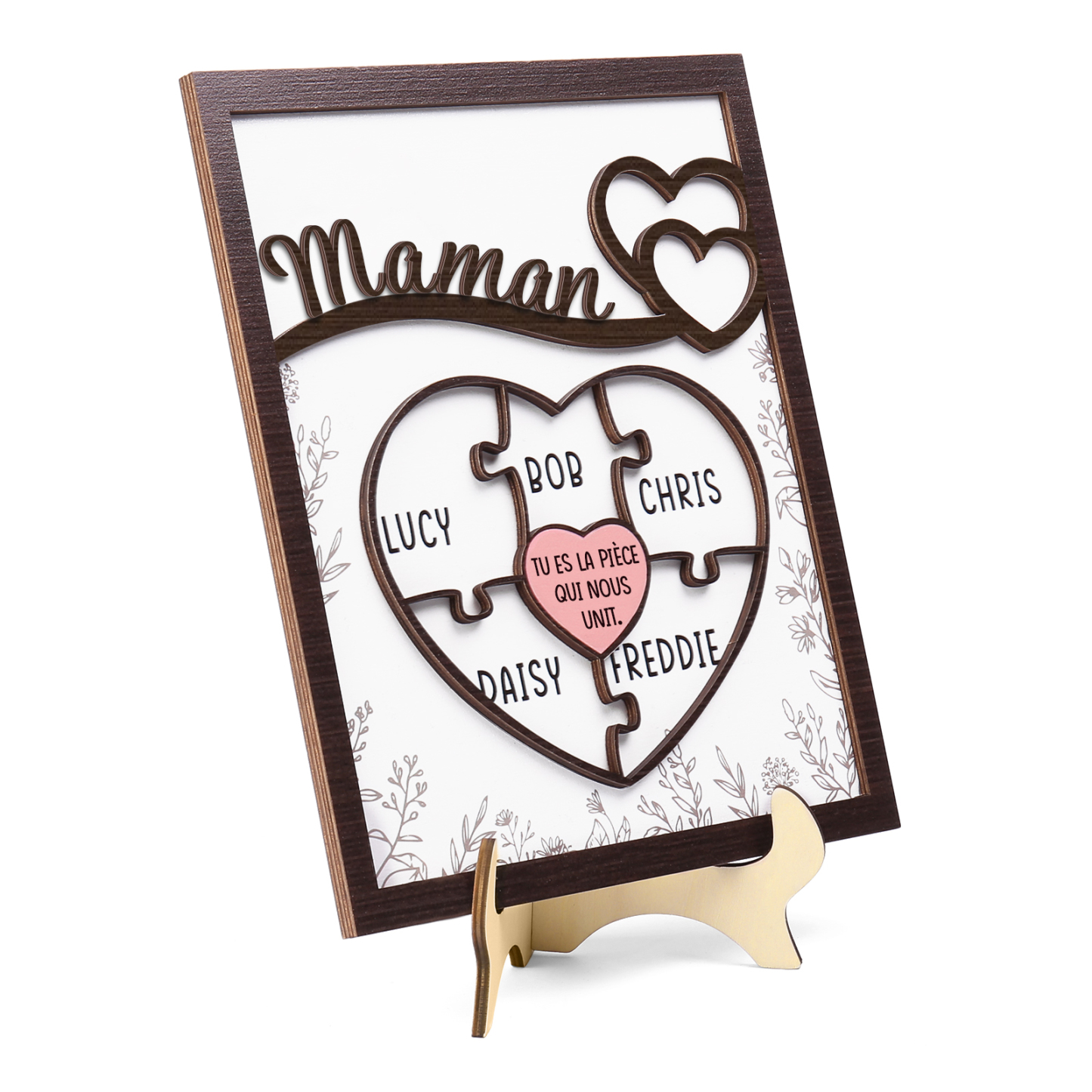 À ma Maman - Décoration en bois Cœur et Puzzle 5 Prénoms Personnalisés Ornement pour Famille