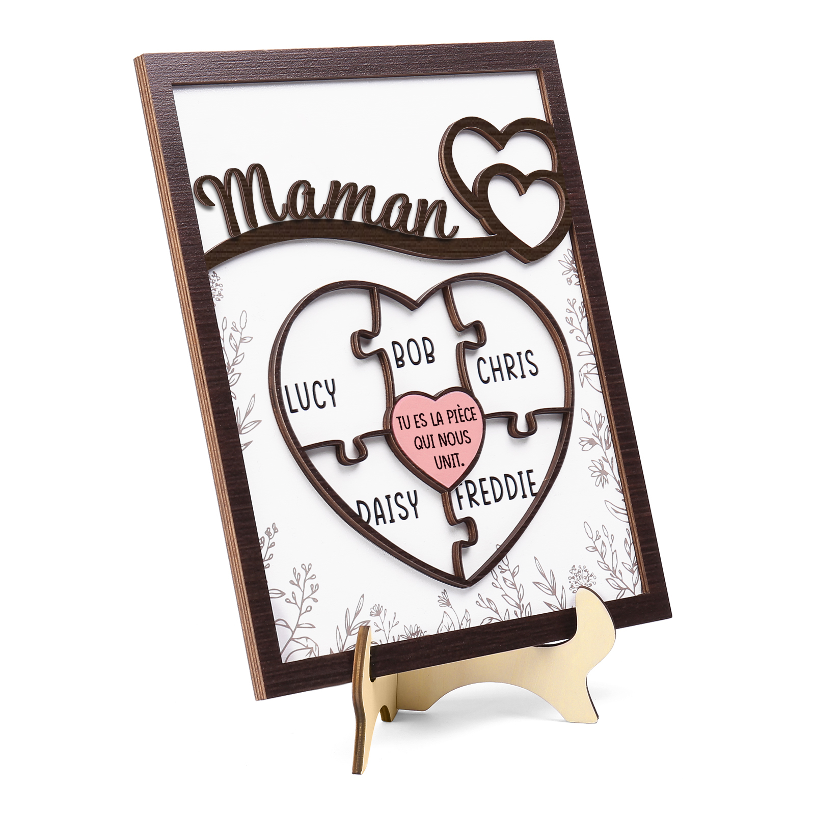À ma Maman - Décoration en bois Cœur et Puzzle 5 Prénoms Personnalisés Ornement pour Famille