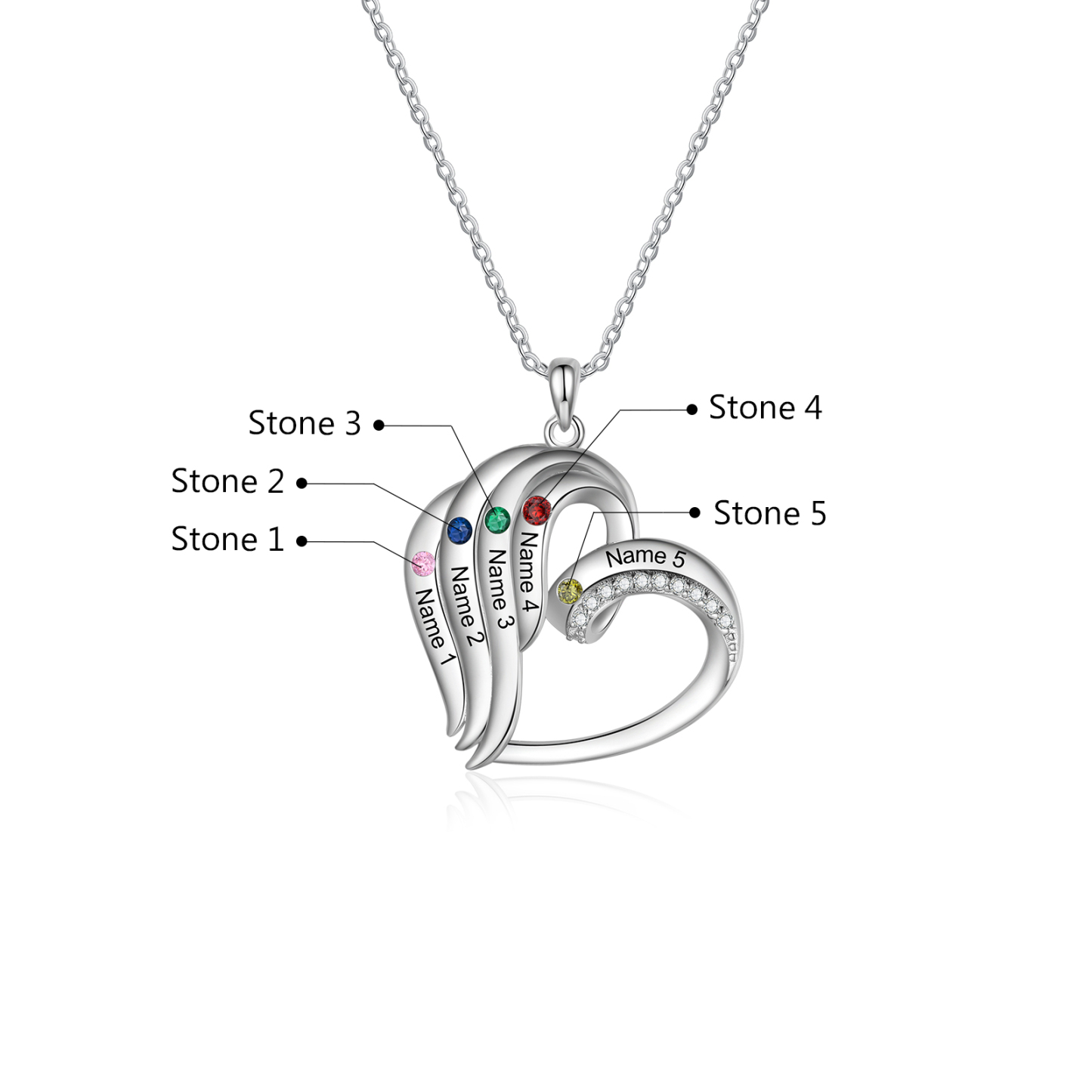 Collier Coeur 5 Prénoms Personnalisés avec Pierre de naissance pour Femmes|Jessemade