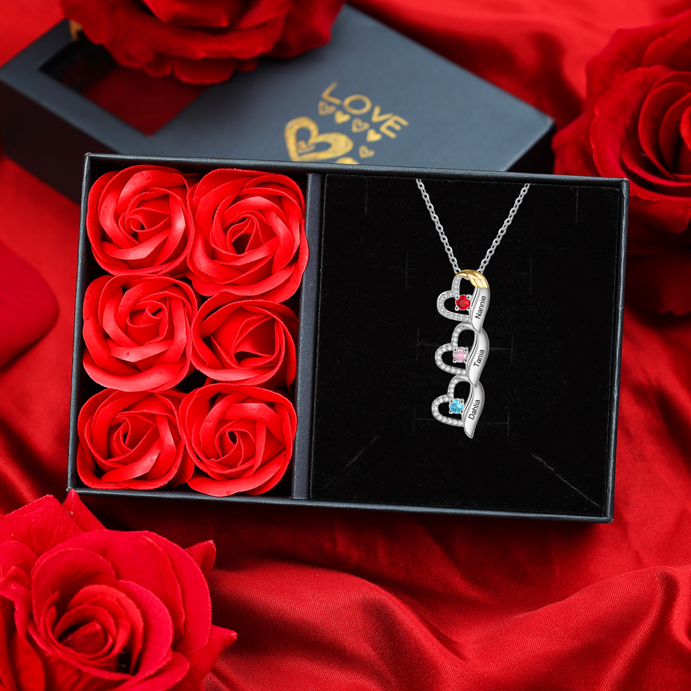 Collier cœur et aile 3 Prénoms Personnalisés avec pierre de naissance