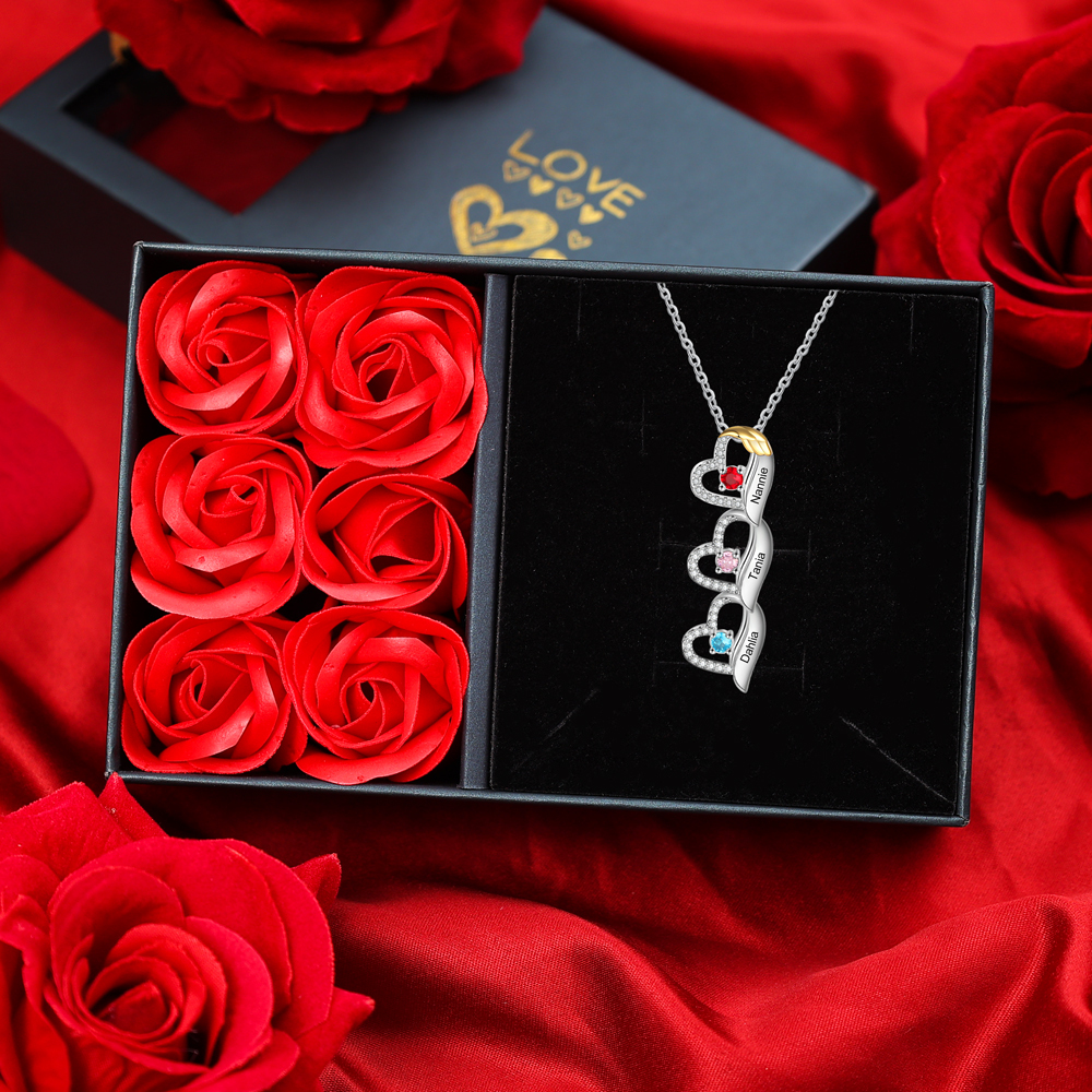 Collier cœur et aile 3 Prénoms Personnalisés avec pierre de naissance
