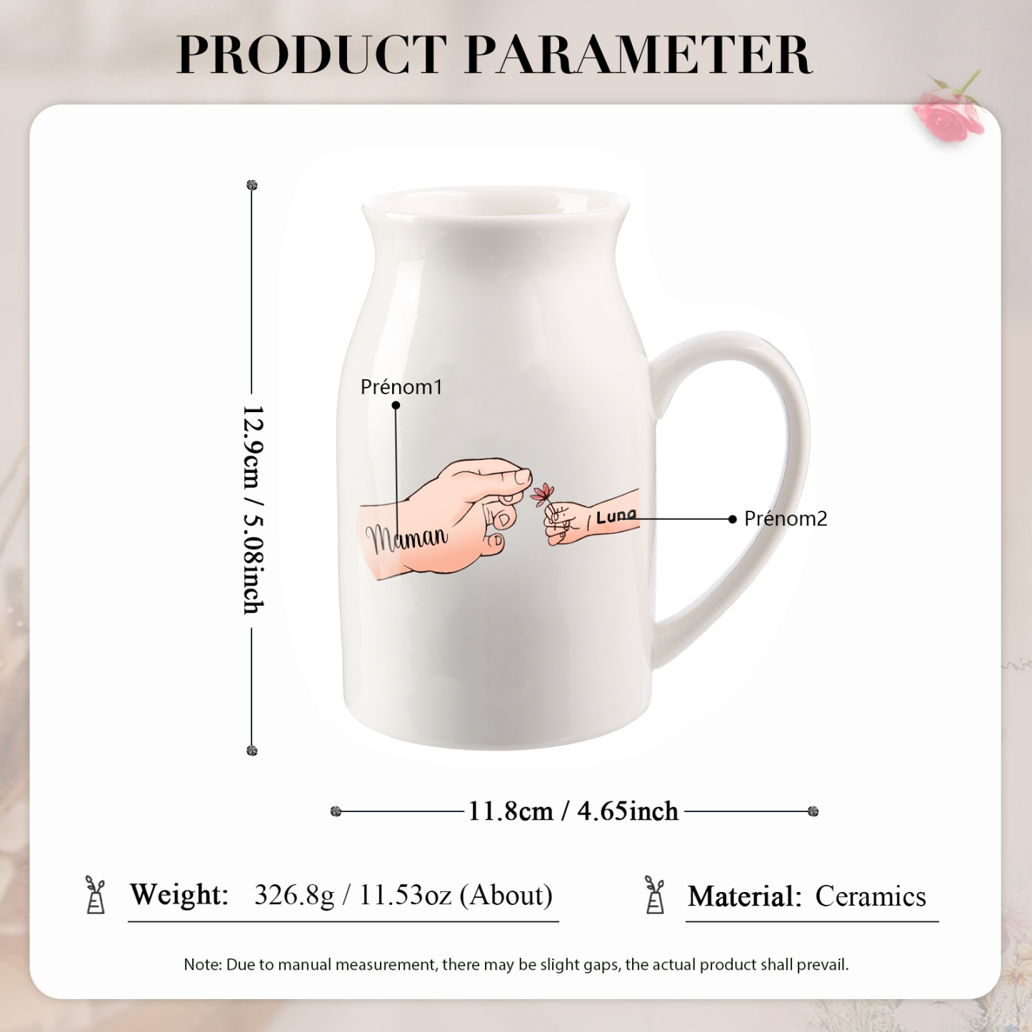 Vase à Fleurs Mains et Enfants 2 Prénoms Personnalisés Décoration de la Maison