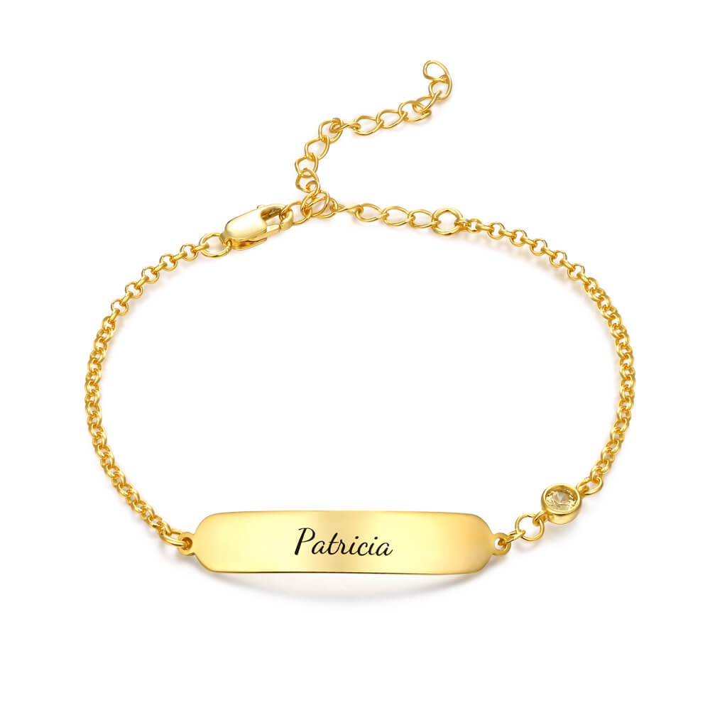 Bracelet / cheville Gourmette bébé gravable 1 Prénom Personnalisés avec 1 Pierre de Naissance