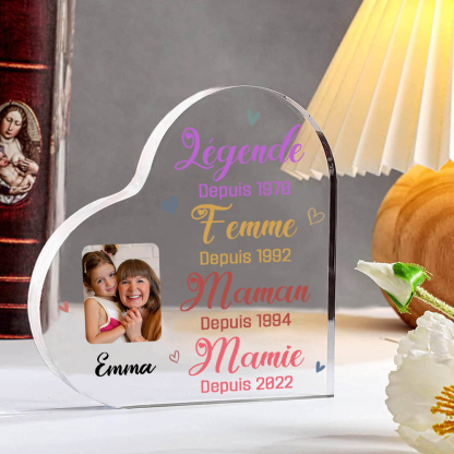 À ma Mamie - Plaque Acrylique en Forme de Cœur 1 Prénom et Photo  Personnalisés avec 4 Années