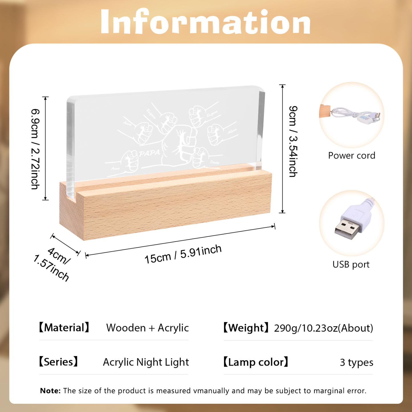 À mon Papa/Papi- Lampe de chevet LED Poings 7 Prénoms Personnalisés