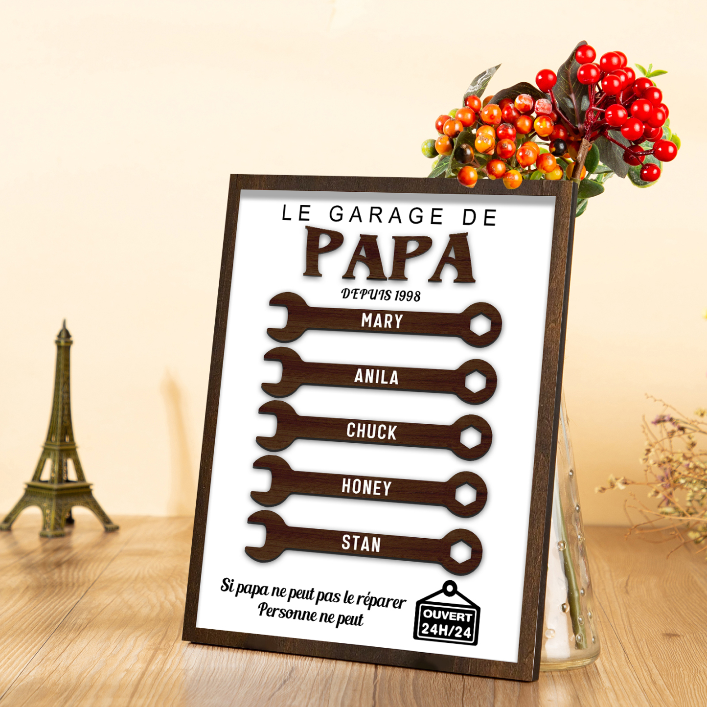 À Mon Papa-Cadre en Bois Garage 5 Prénoms Personnalisés