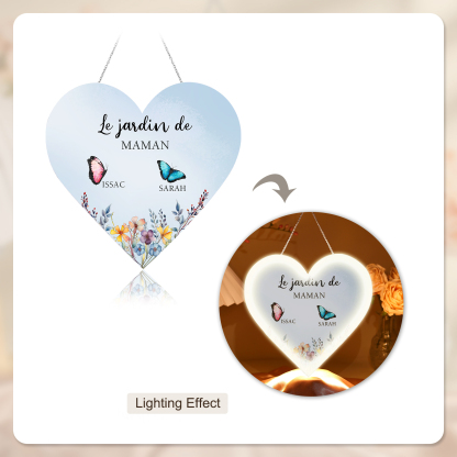 À Maman/Mamie - Veilleuse Cœur Décoration Fleur et Papillon 2 Prénoms Personnalisés avec 1 Texte