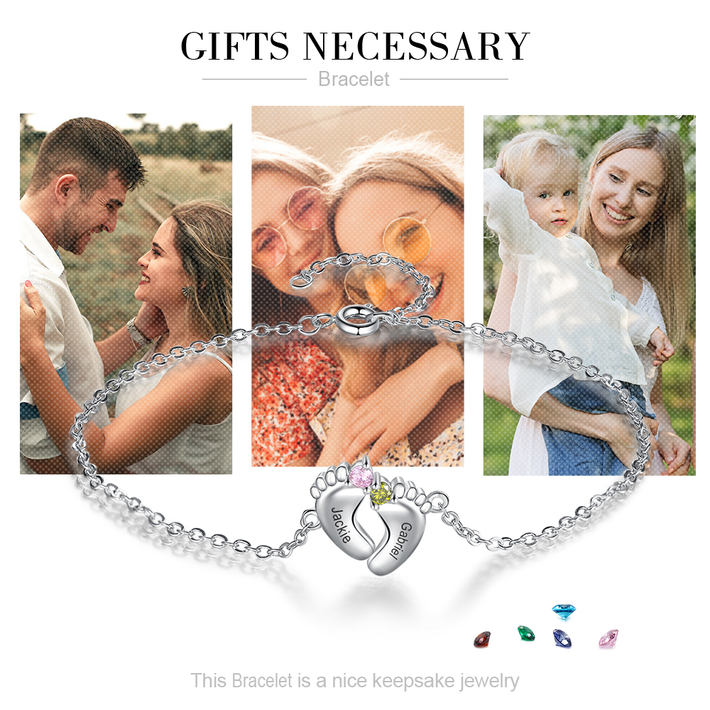 Bracelet 2 Prénom Personnalisé pied bebe avec 2 pierre de naissance