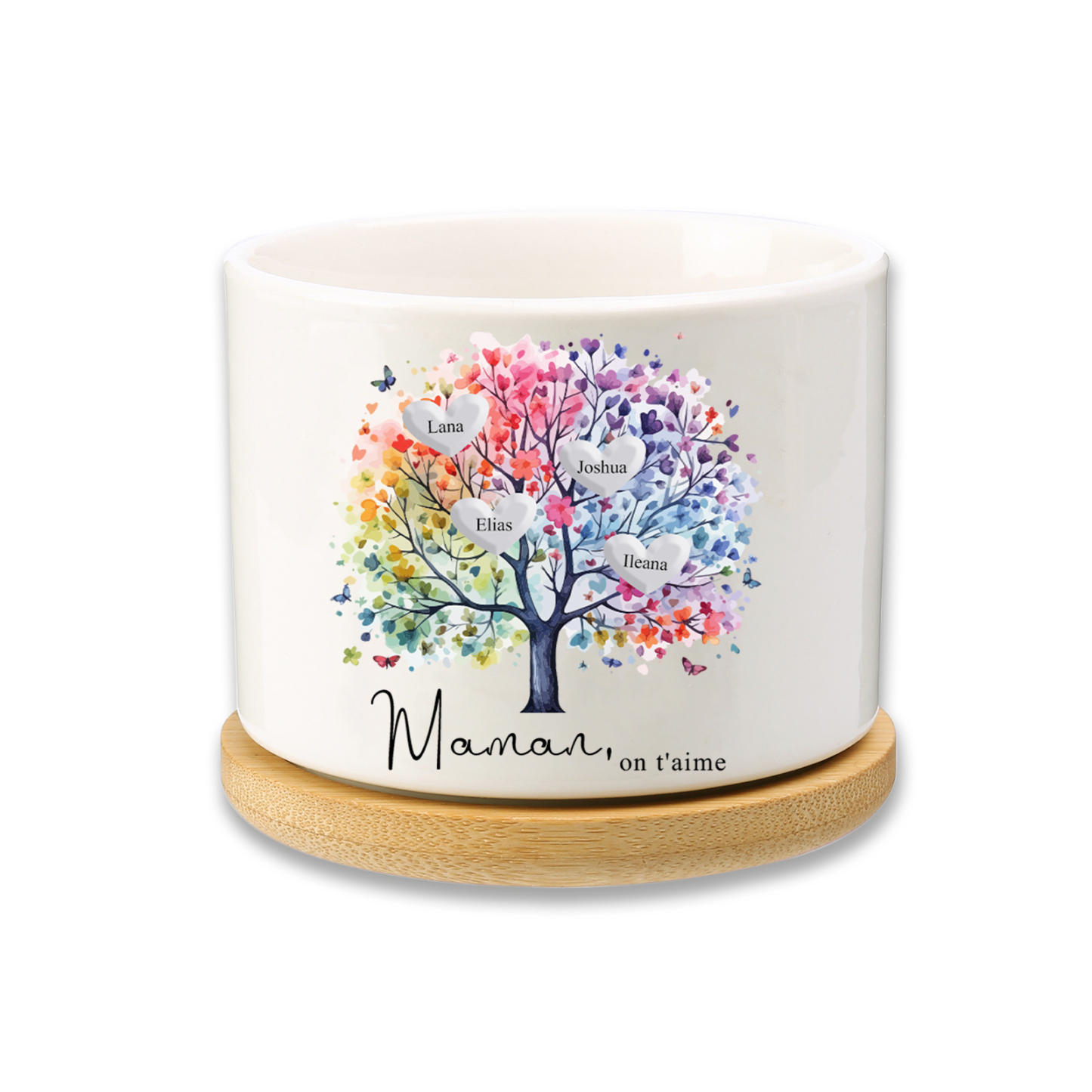 Vase/Pot de Fleurs Arbre 4 Prénoms Personnalisés avec Texte Décoration de la Maison (sans plantes)