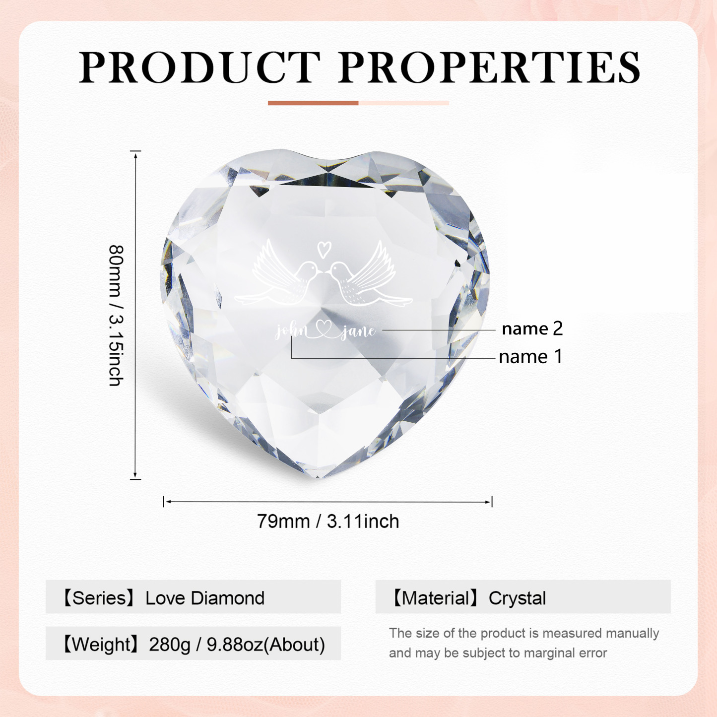 Décoration Cristal Cœur 2 Prénoms Personnalisés pour Couple