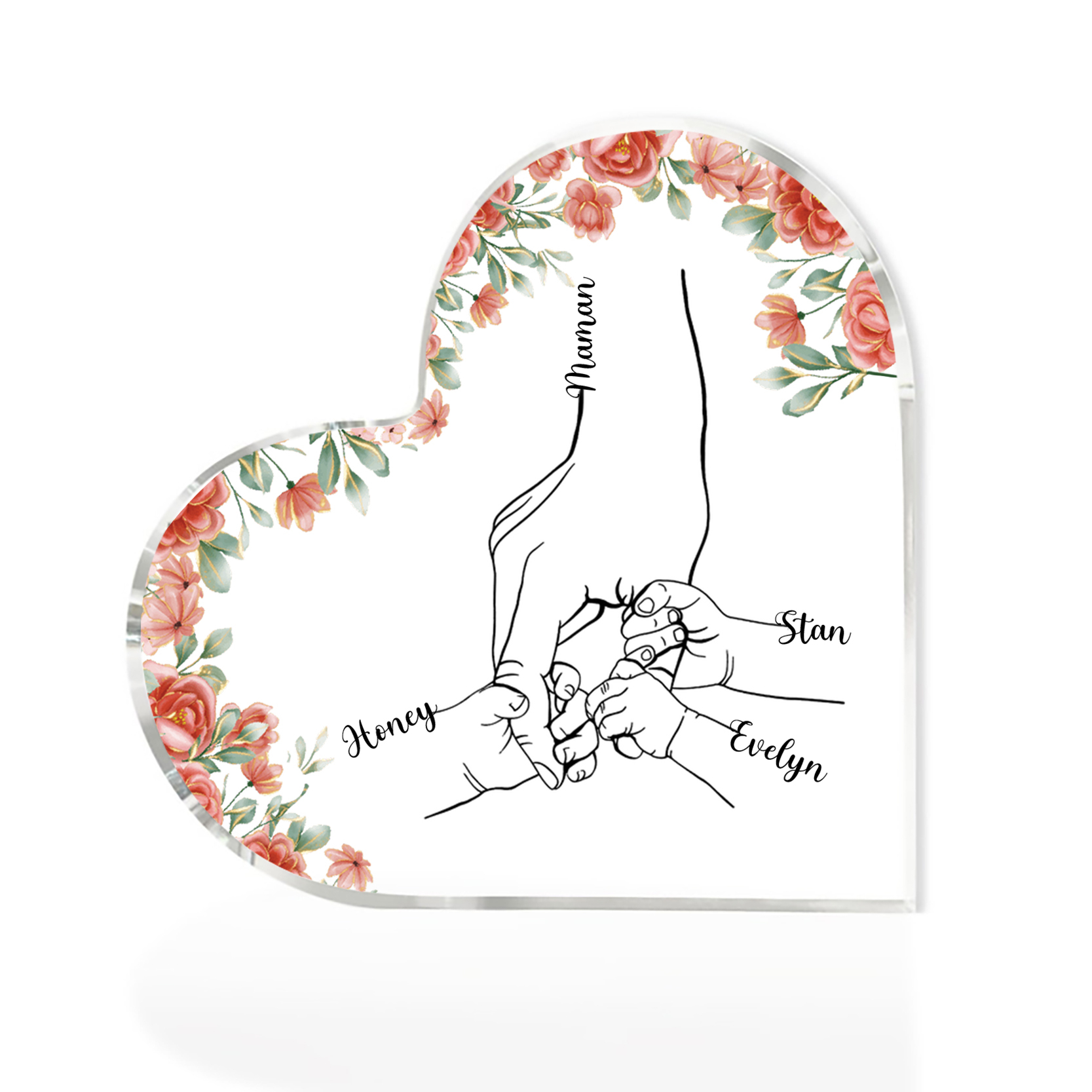 À ma Maman/Mamie - Plaque Acrylique en Forme de Cœur 4 Prénoms Personnalisés la Mian dans la Main
