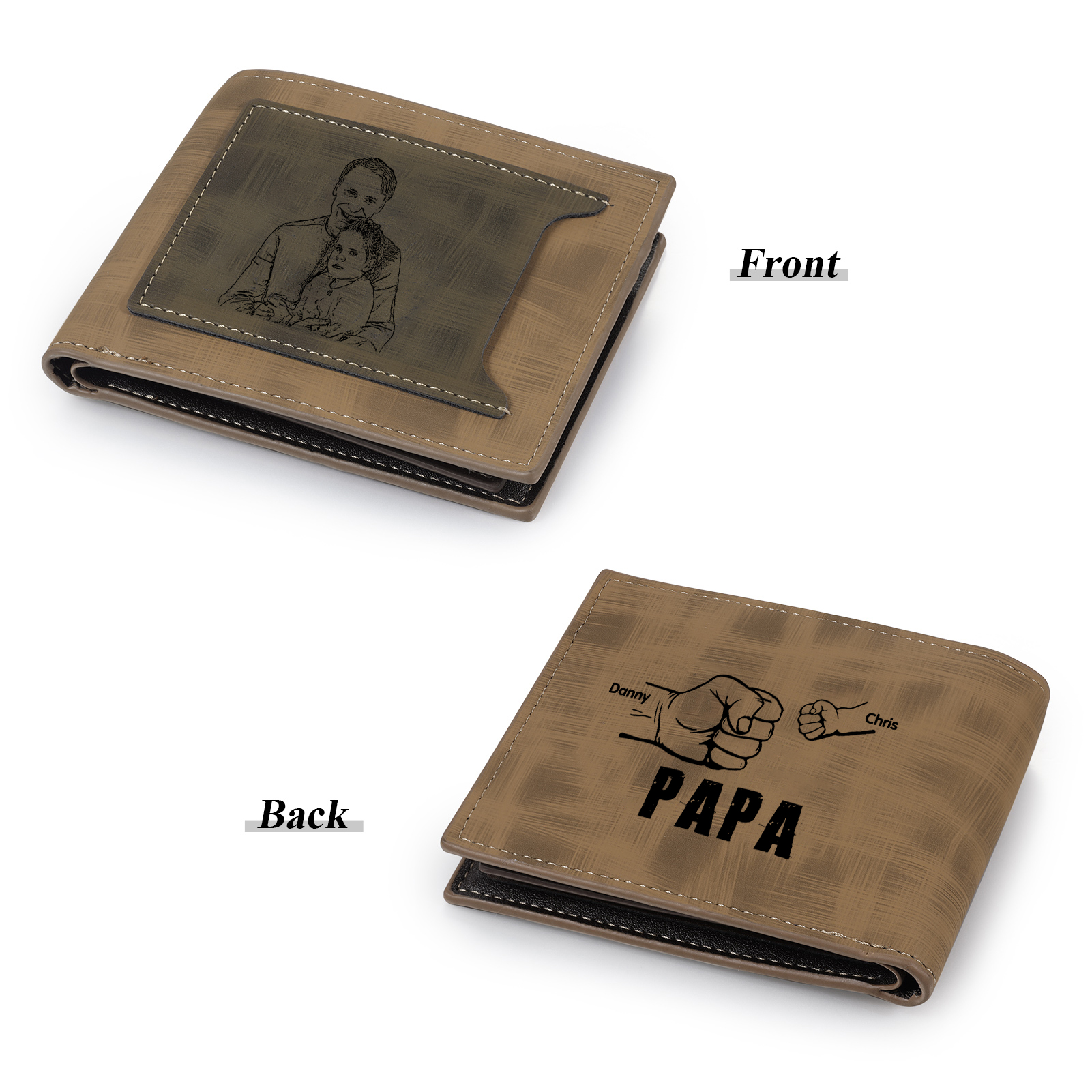 À mon Papa - Portefeuille Poings 2 Prénoms Personnalisés avec Photo Classique Homme Porte-Monnaie Carte