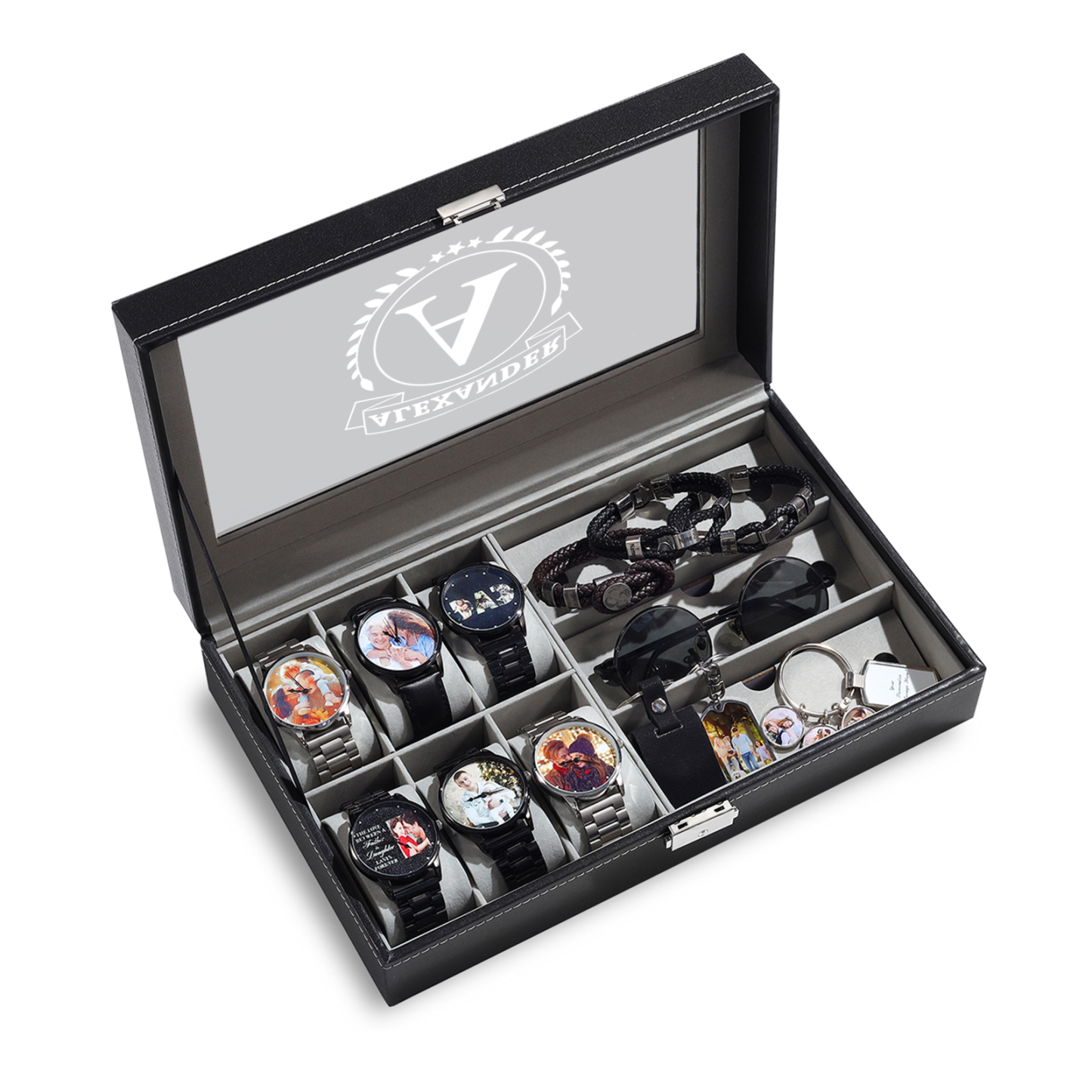 Boîte à Montre et Bijoux 1 Lettre et Texte Personnalisés Coffret Cadeau pour Hommes
