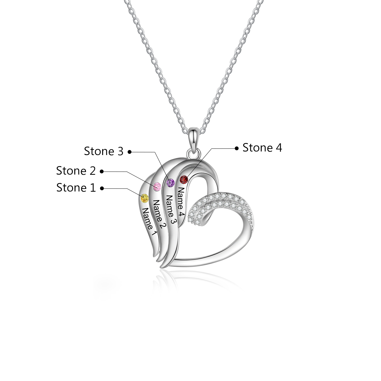 Collier Coeur 4 Prénoms Personnalisés avec Pierre de naissance pour Femmes|Jessemade