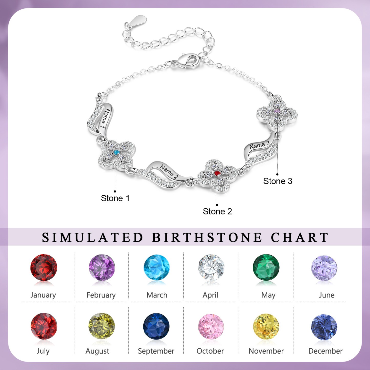 Bracelet Fleurs 3 Prénoms Personnalisés avec 3 Pierres de Naissance pour Femme | Jessemade