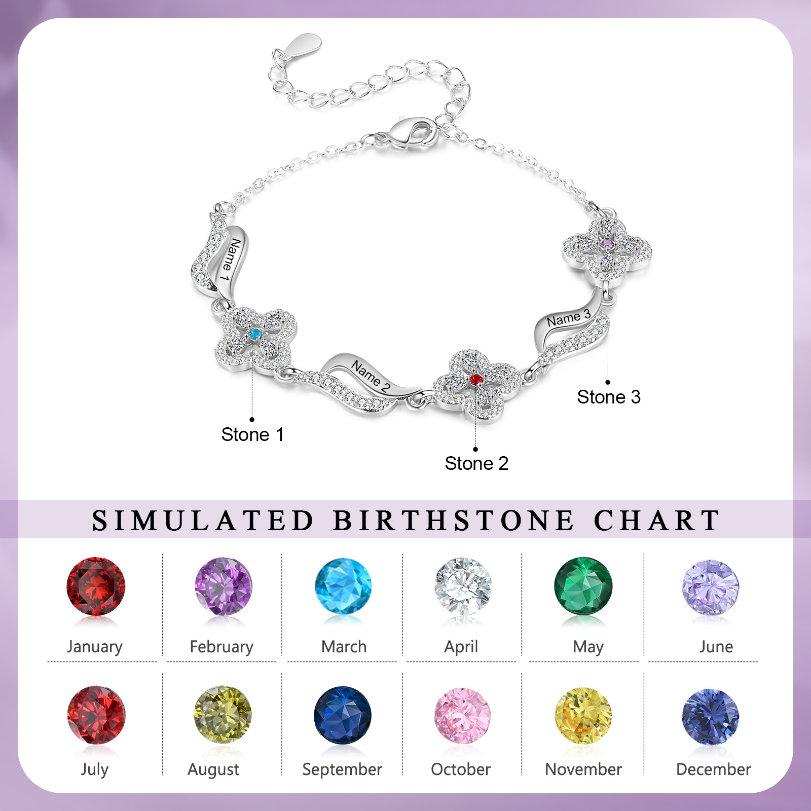 Bracelet Fleurs 3 Prénoms Personnalisés avec 3 Pierres de Naissance pour Femme | Jessemade