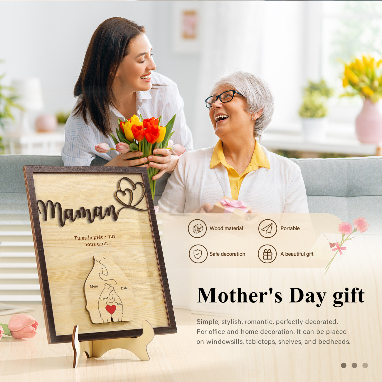 À ma Maman - Décoration en bois Ours 4 Prénoms Personnalisés Ornement pour Famille
