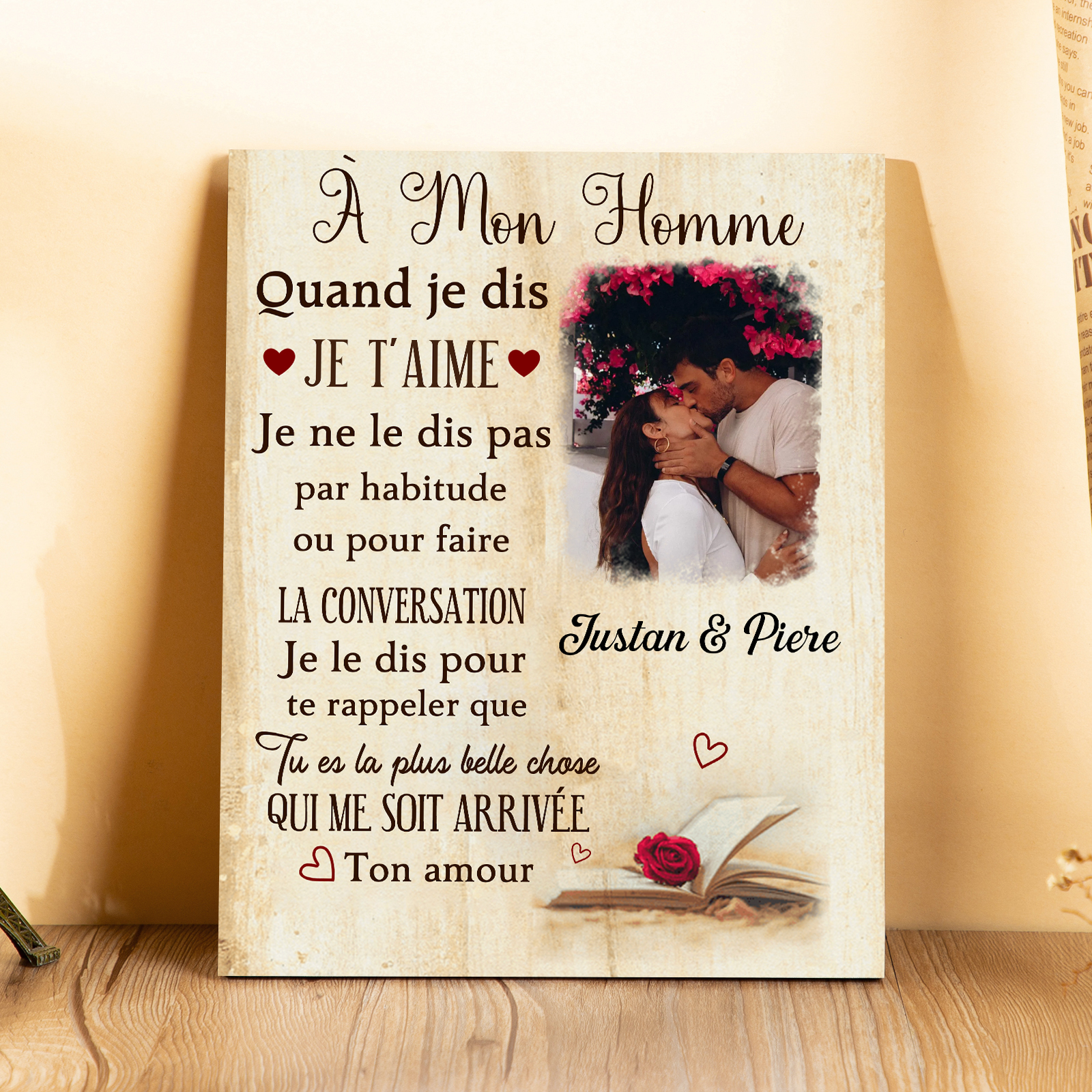 Cadre en Bois 2 Prénoms Personnalisés avec Photo pour Couple Cadeau Saint Valentin