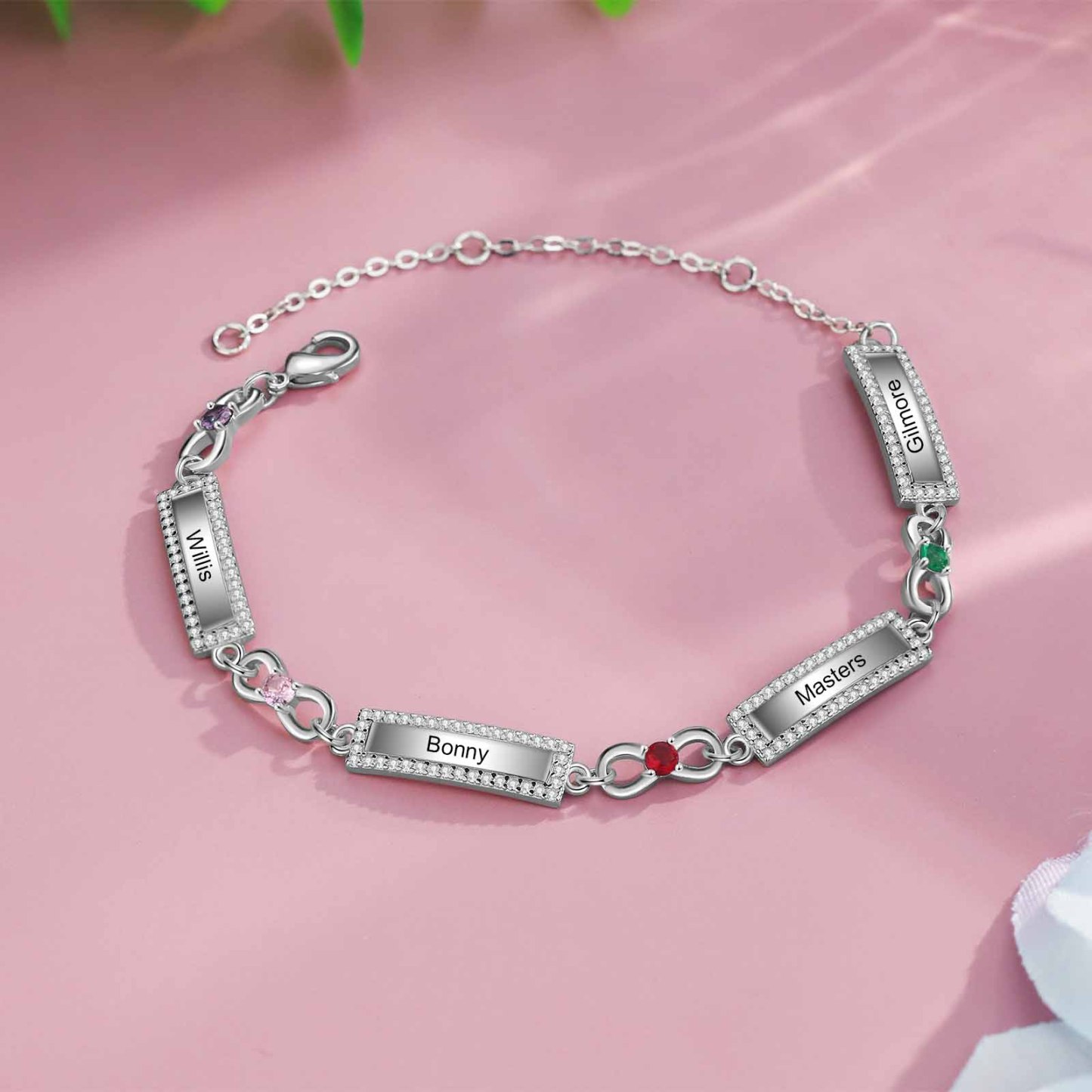Bracelet Infini 4 Prénoms Personnalisé avec 4 Pierres de Naissance