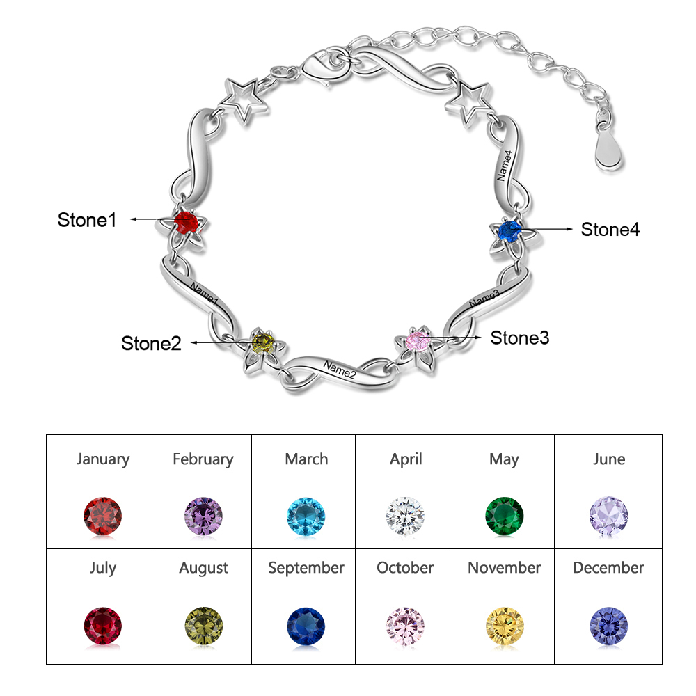 Bracelet infini à Breloque 4 Prénom Personnalisé avec 4 Pierre de Naissance