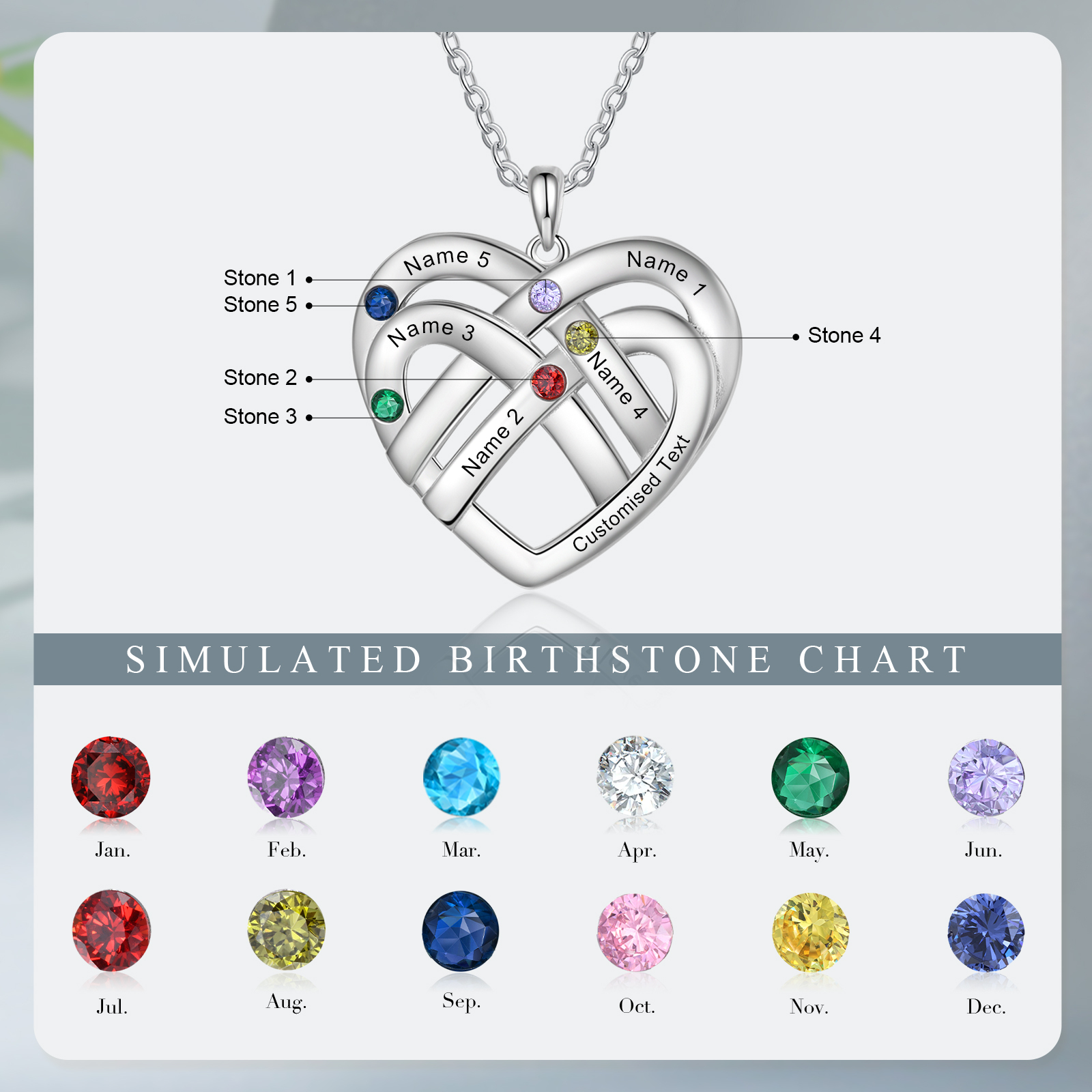 Collier Pendentif Cœur 5 Prénoms et 1 Texte Personnalisés avec 5 Pierres de Naissance Collier Femmes