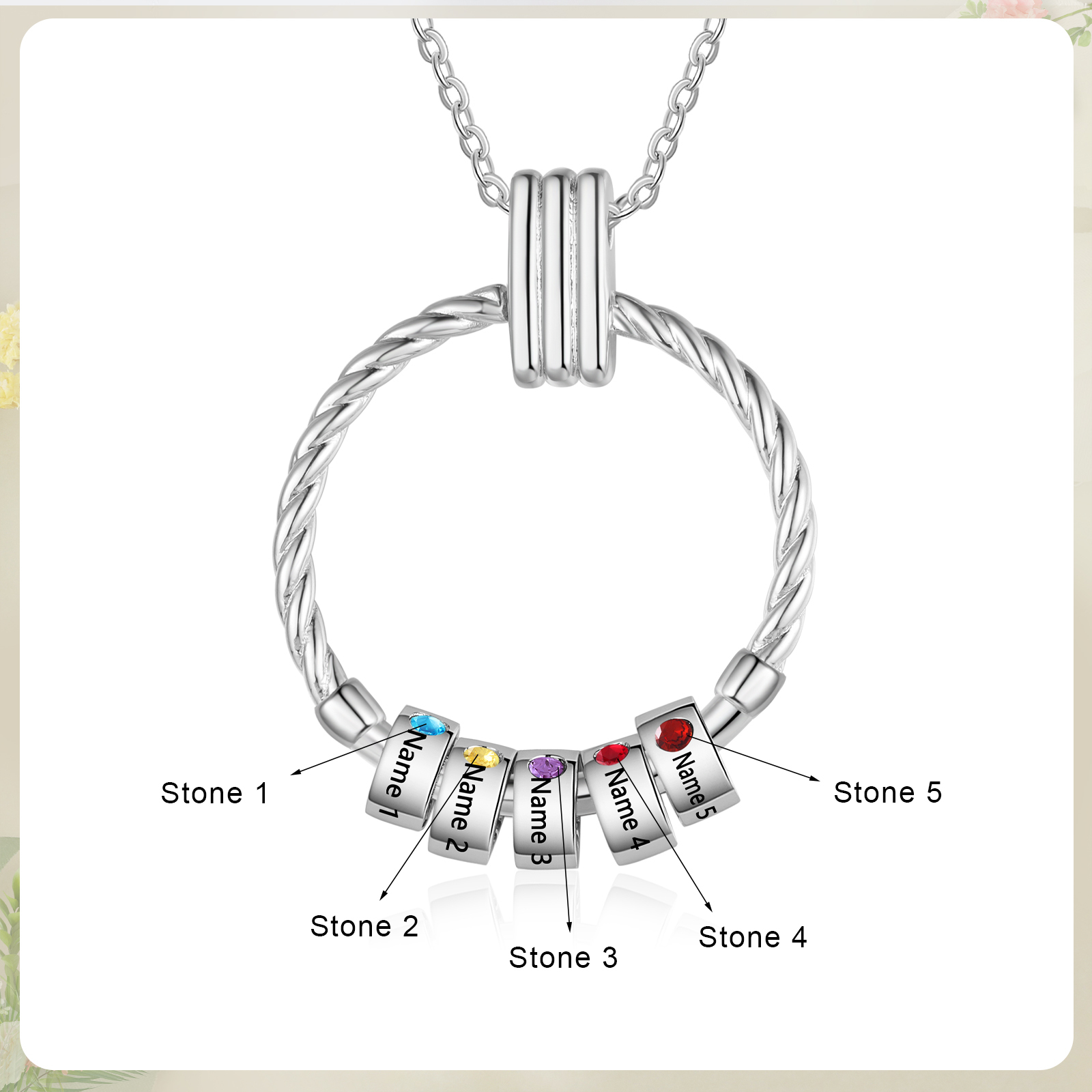 Collier Pendentif 5 Prénoms et Perles Personnalisés avec Pierres de Naissance Collier Femmes