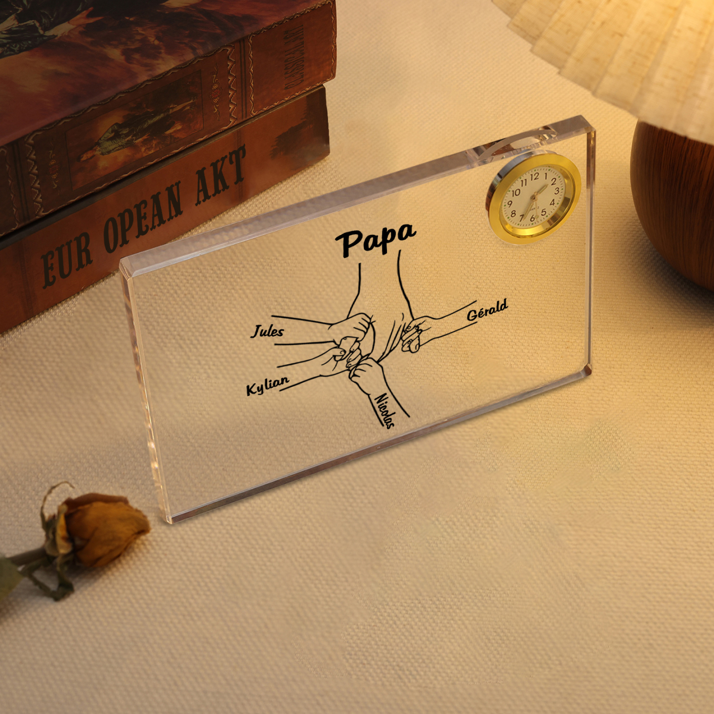 À mon Papa - Plaque Acrylique rectangle avec Horloge la main dans la main 4 Prénoms Personnalisés