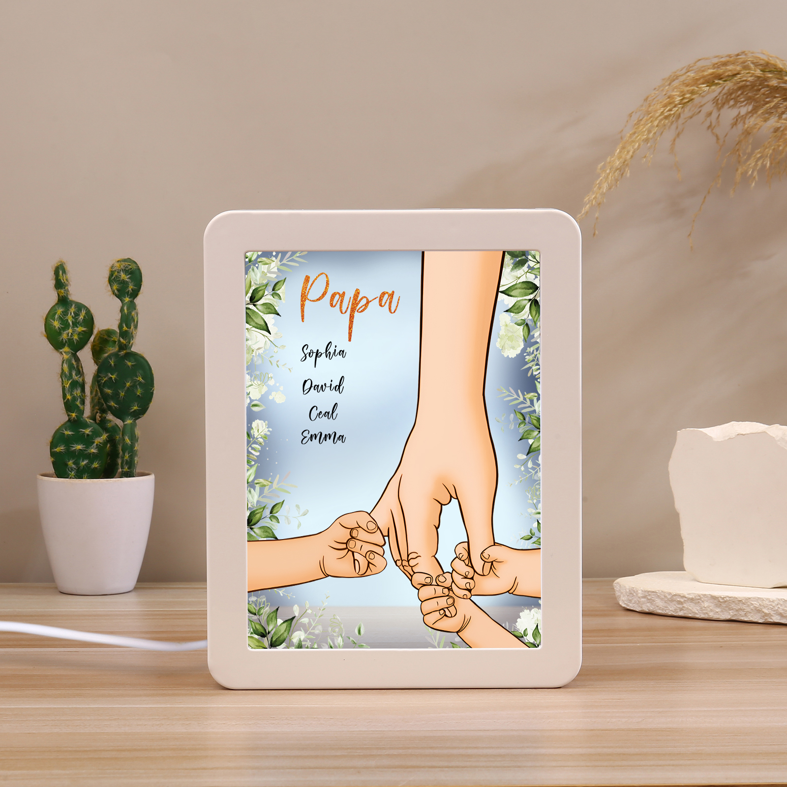 Lampe LED/Cadre Photo/Miroir multifonctionnel la main dans la main 4 Prénoms et 1 Tetxe Personnalisés Cadeau Créatif pour Famille