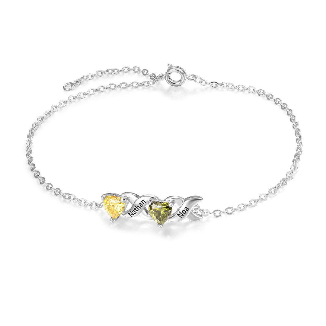Bracelet à Breloque 2 Prénoms Personnalisé avec 2 Pierres de Naissance
