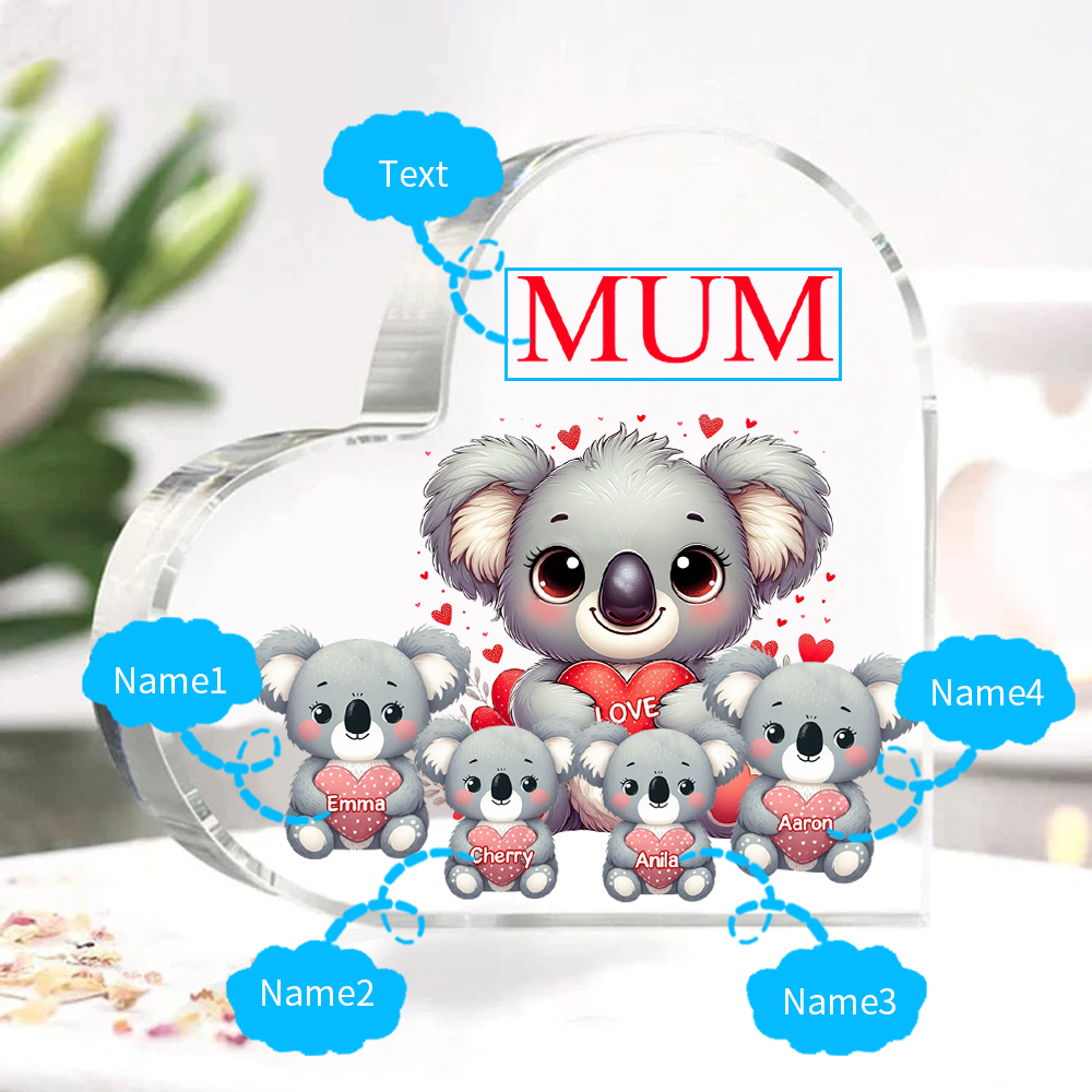À ma Maman/Mamie - Plaque Acrylique en Forme de Cœur Koala 4 Prénoms Personnalisés avec 1 Texte
