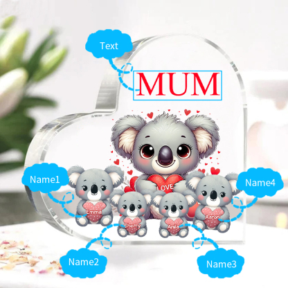 À ma Maman/Mamie - Plaque Acrylique en Forme de Cœur Koala 4 Prénoms Personnalisés avec 1 Texte