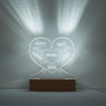 Lampe de chevet Cœur LED Lumières 5 Prénoms et 1 Texte Personnalisés pour Famille