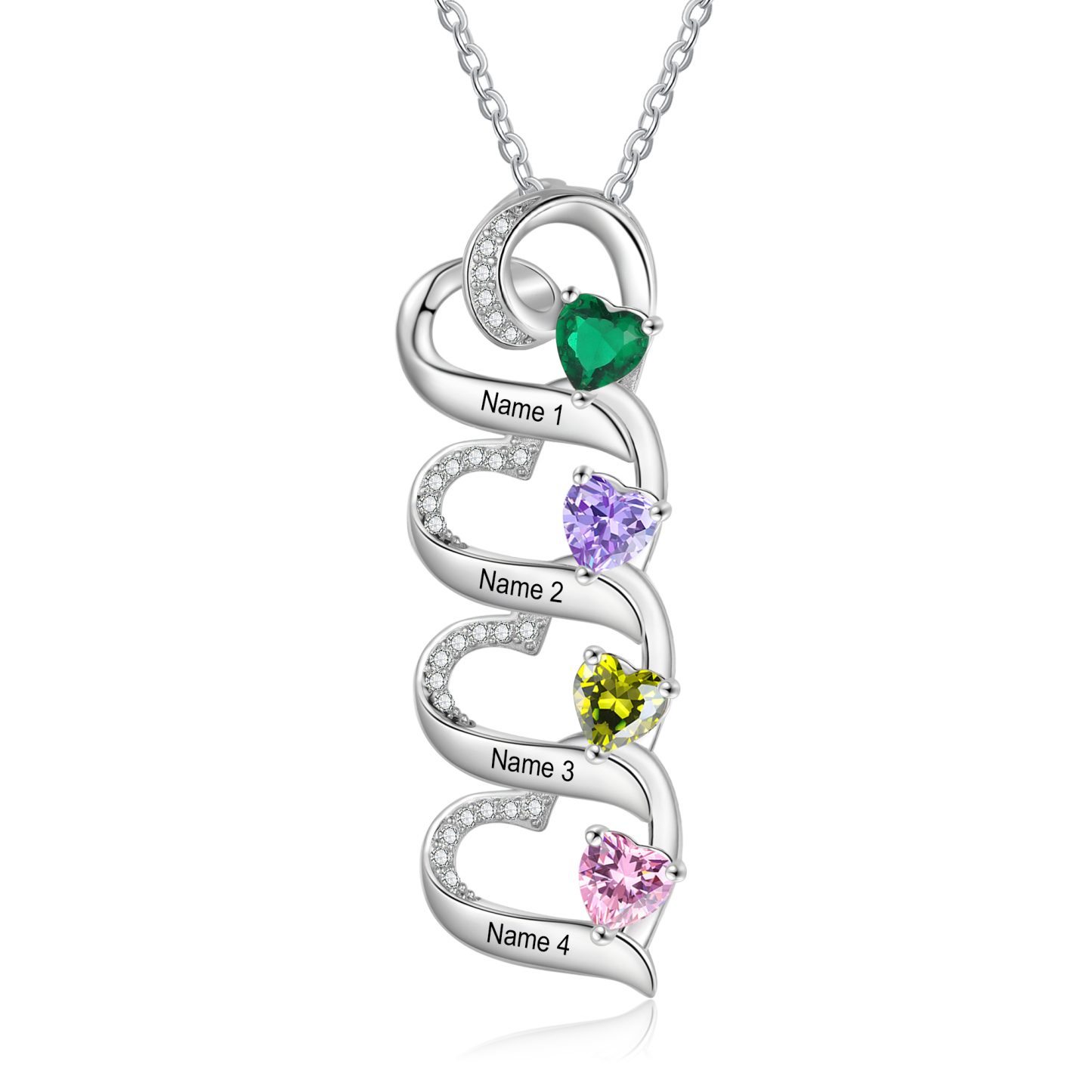 Collier Pendentif Cœur 4 Prénoms Personnalisés avec Pierre de naissance pour Femmes