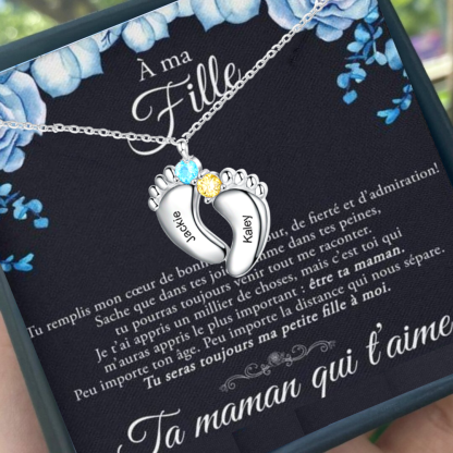 A Ma Fille - Collier 2 Prénom Personnalisé pied bebe avec pierre de naissance