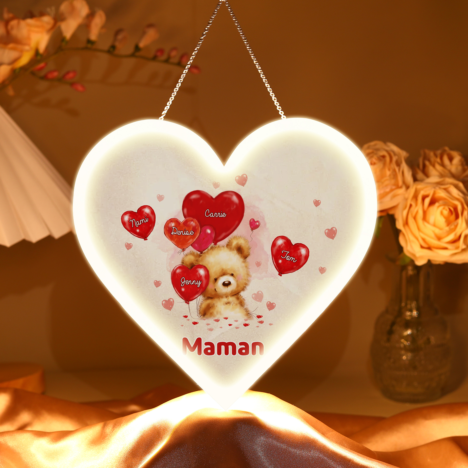 À Maman/Mamie - Veilleuse Cœur Décoration Ours 5 Prénoms Personnalisés avec 1 Texte