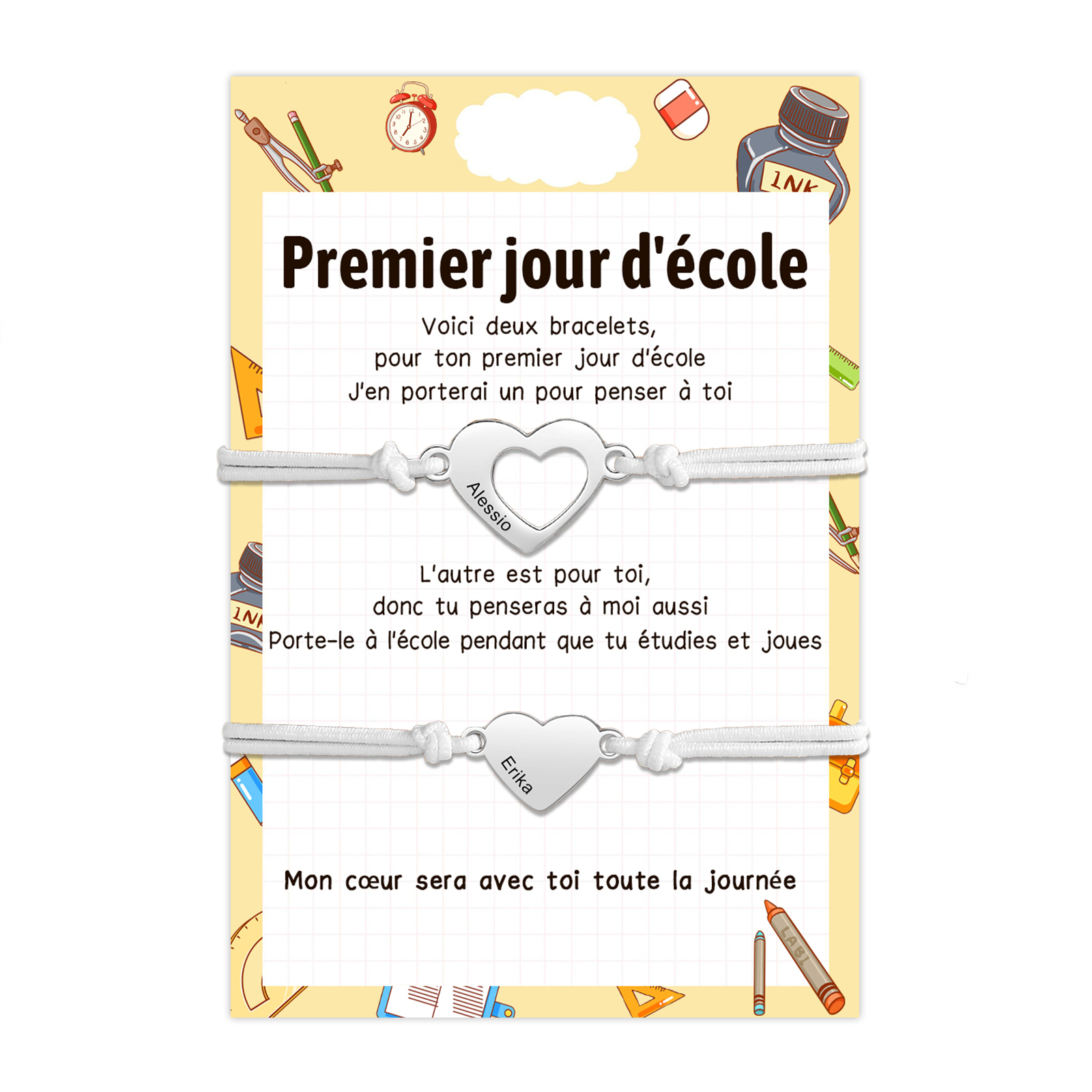 2PCS Bracelets Cœur 2 Prénoms Personnalisés Bracelet en Commun Cadeau Rentrée Scolaire｜Jessemade