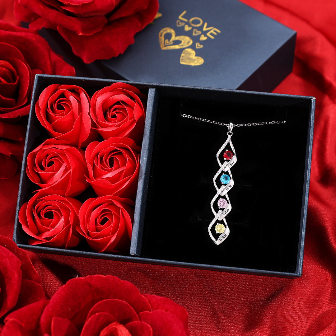 Collier Pendentif infini 4 Prénoms Personnalisés avec Pierre de naissance pour Femmes